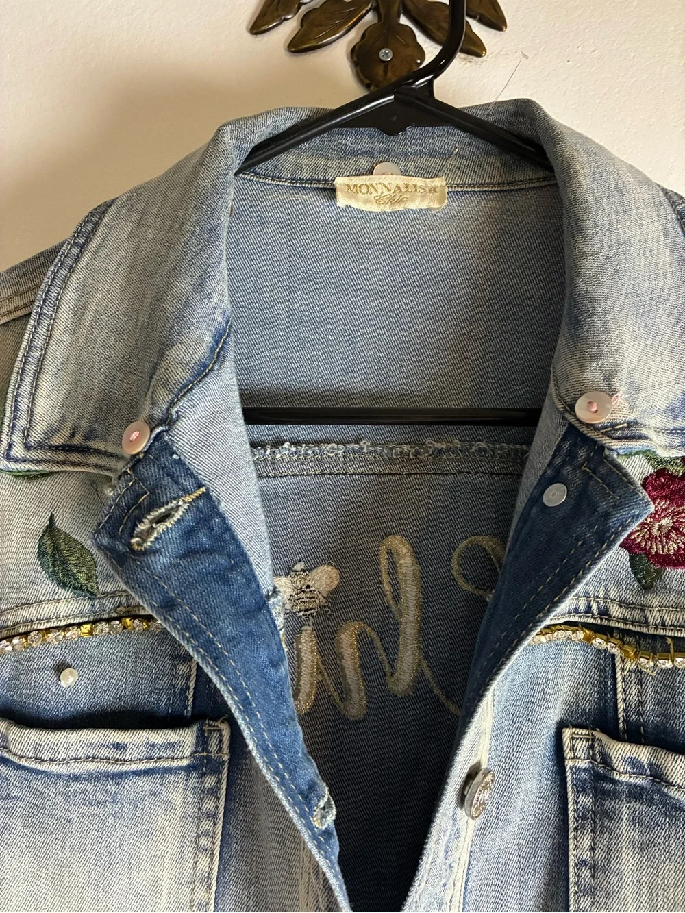 Light Wash Embroidered Floral Denim short sleeved Jacket